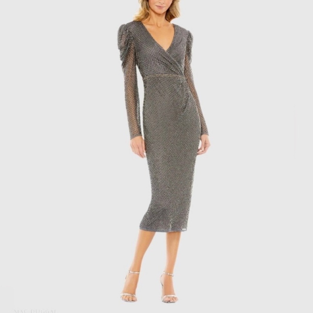 Mac Duggal 93674 Charcoal Gray Beaded Wrap Over Puff Sleeve Dress Size 12‎ NWT